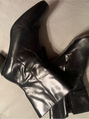 Cole Haan Black Leather Mid-Calf Zip Heeled Boots